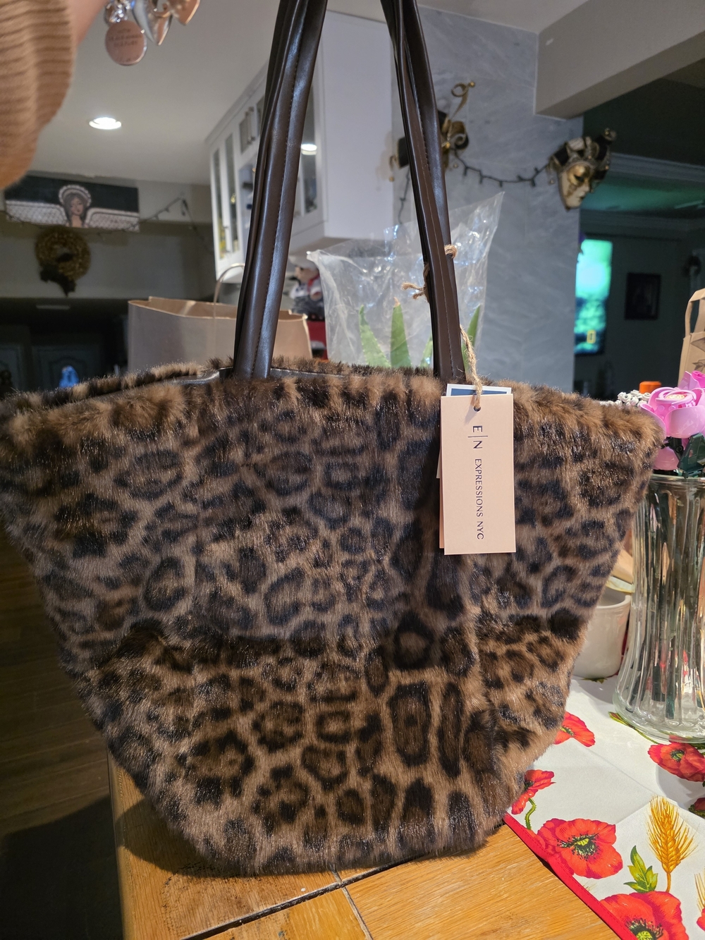NYC Expressions Leopard Print Faux Fur Tote with Dark Brown Handles